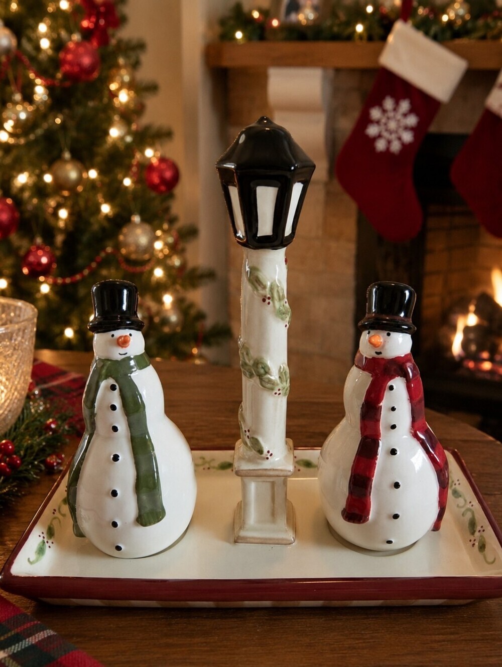 Grasslands Road Snowman Salt & Pepper Shakers with Lamp Post Tray Set - 3pc